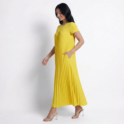 Petra Women's Pleated Oversized Maxi Dress, Sleeveless Round Neck