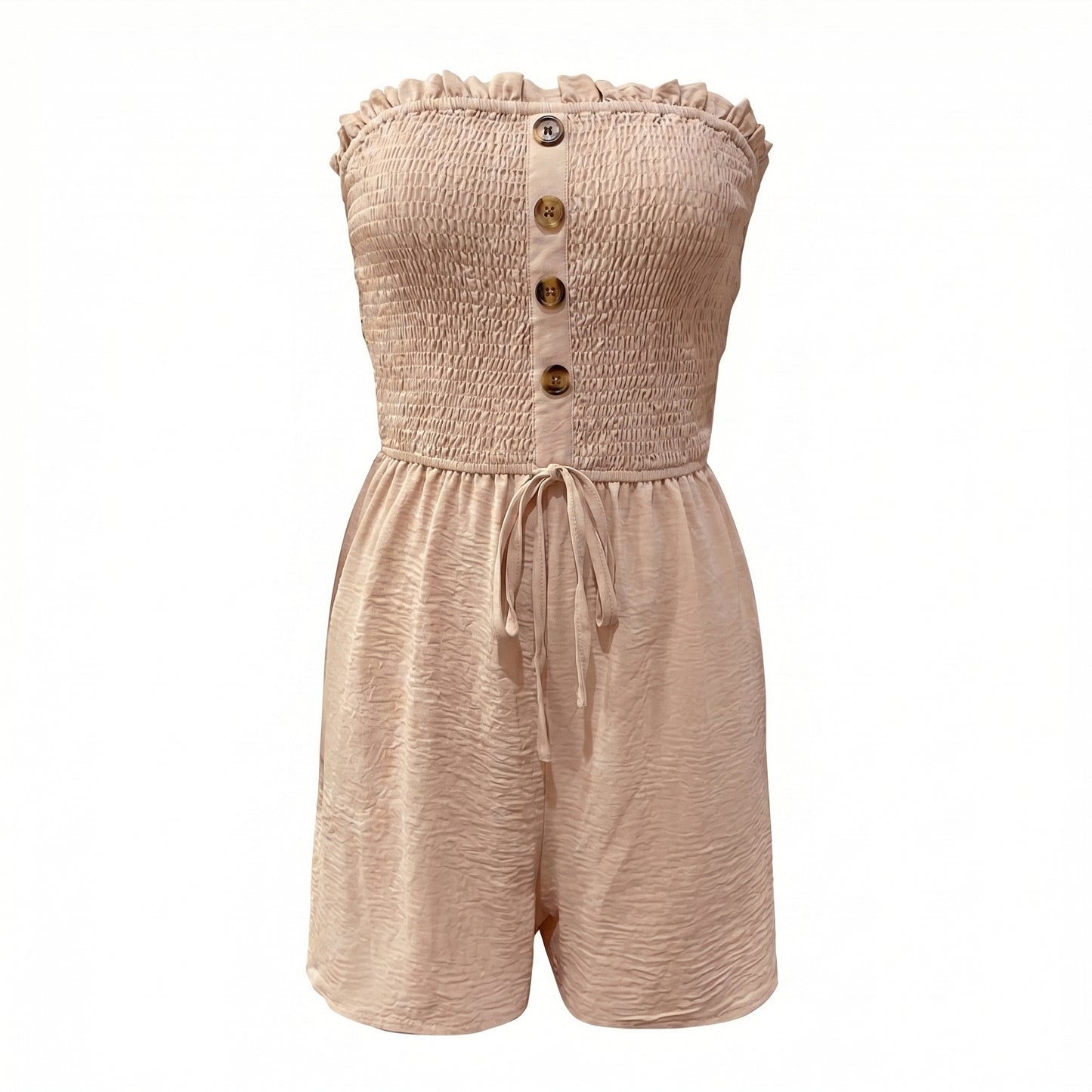 Pippa Women's Strapless Smocked Romper, Ruffle Neckline Button Front