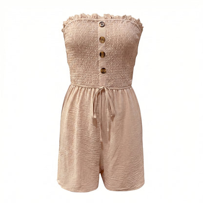 Pippa Women's Strapless Smocked Romper, Ruffle Neckline Button Front