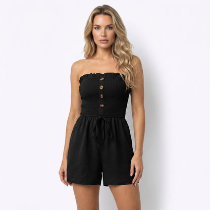 Pippa Women's Strapless Smocked Romper, Ruffle Neckline Button Front