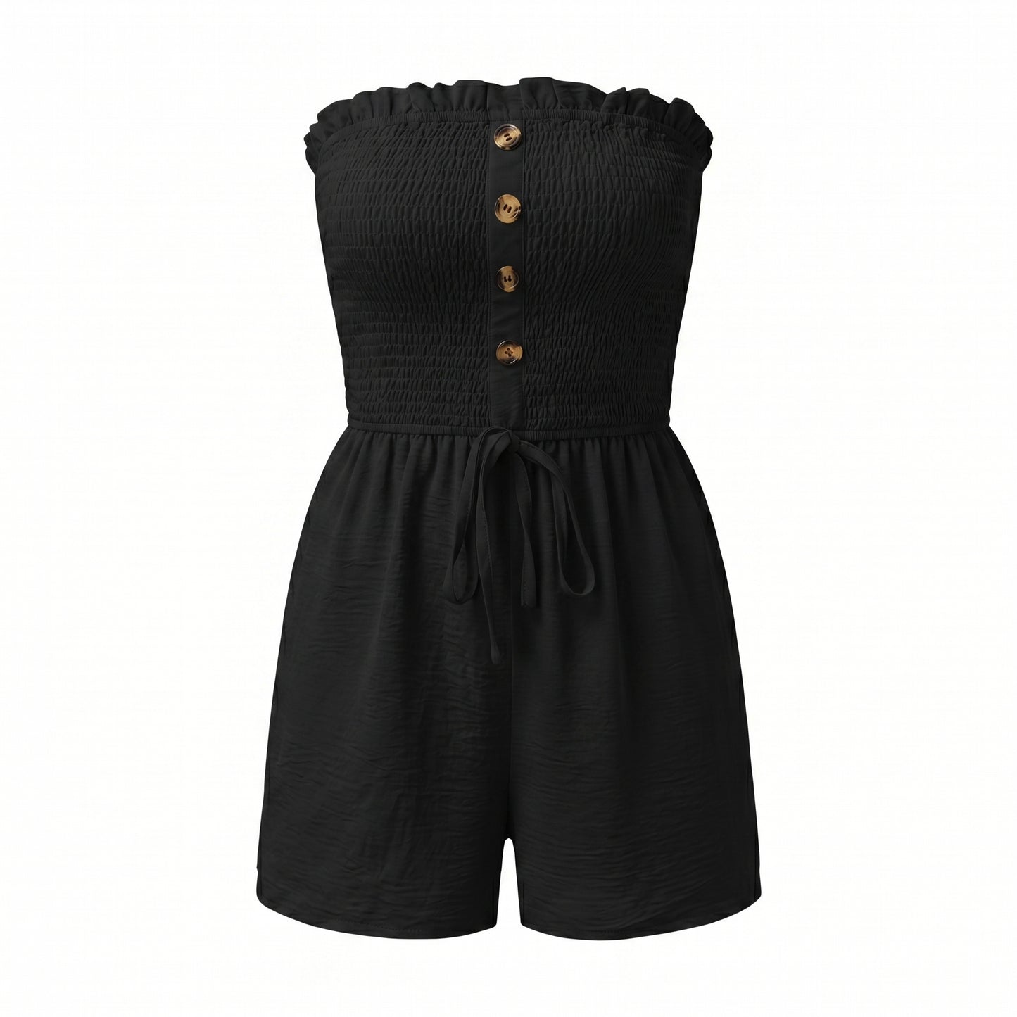 Pippa Women's Strapless Smocked Romper, Ruffle Neckline Button Front