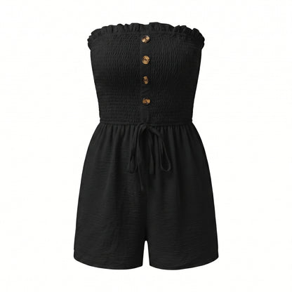 Pippa Women's Strapless Smocked Romper, Ruffle Neckline Button Front