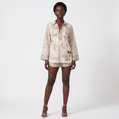 Raya Women's Two-Piece Set Printed Shirt, Mini Shorts