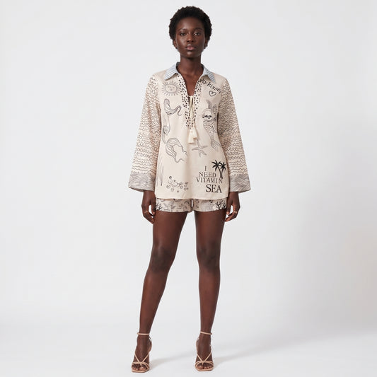 Raya Women's Two-Piece Set Printed Shirt, Mini Shorts