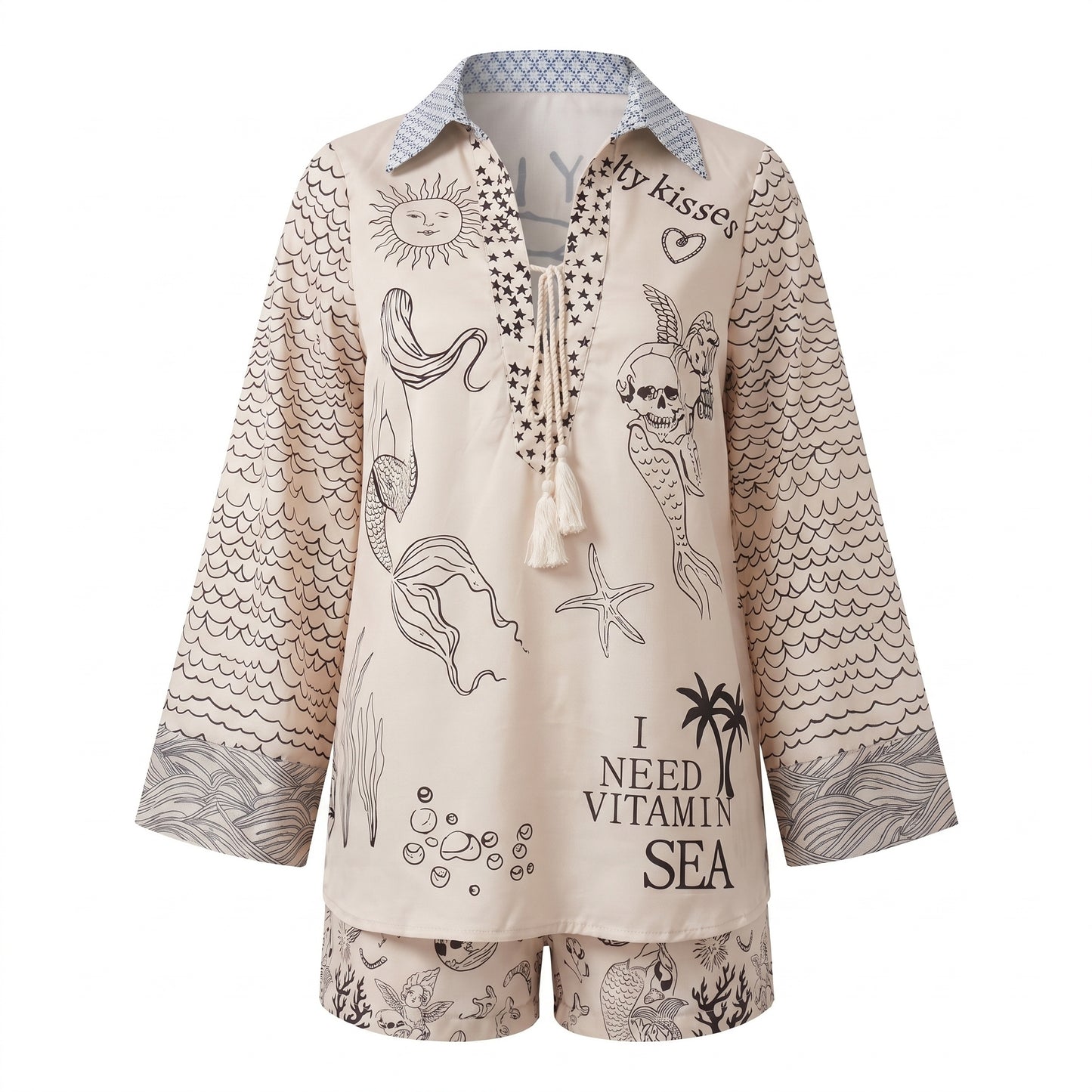 Raya Women's Two-Piece Set Printed Shirt, Mini Shorts