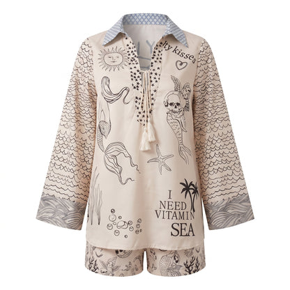 Raya Women's Two-Piece Set Printed Shirt, Mini Shorts
