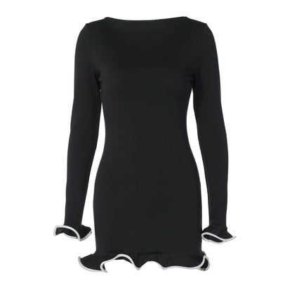 Romy Women's Ruffle Hem Mini Dress, Long Sleeve Boat Neck