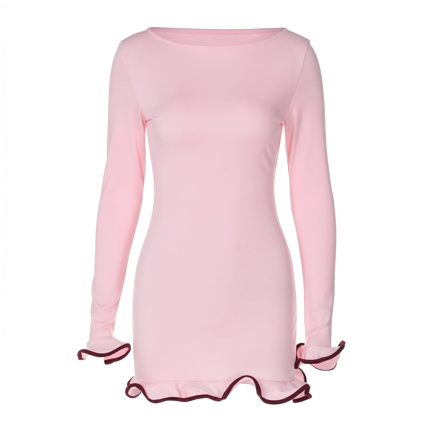 Romy Women's Ruffle Hem Mini Dress, Long Sleeve Boat Neck