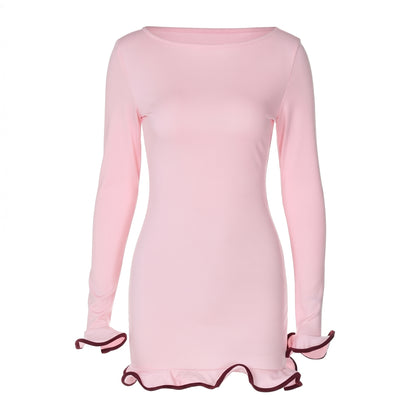 Romy Women's Ruffle Hem Mini Dress, Long Sleeve Boat Neck