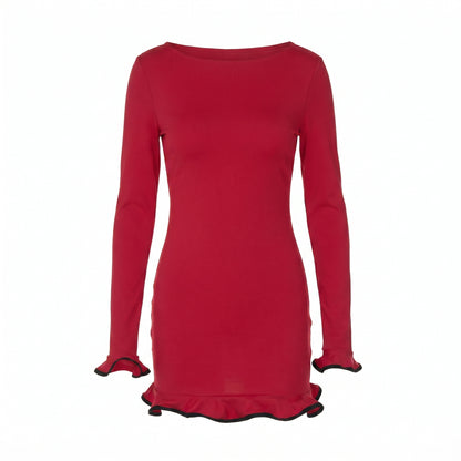 Romy Women's Ruffle Hem Mini Dress, Long Sleeve Boat Neck