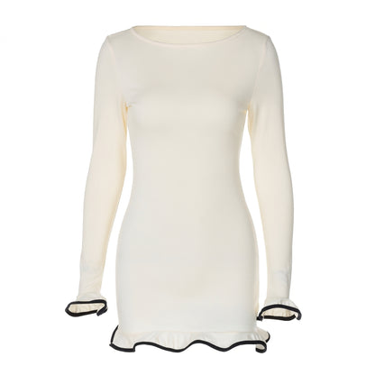 Romy Women's Ruffle Hem Mini Dress, Long Sleeve Boat Neck