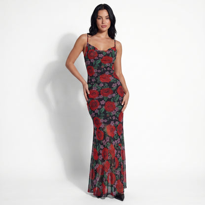 Rosa Women's Rose Print Slip Maxi Dress, Spaghetti Strap Slim Fit