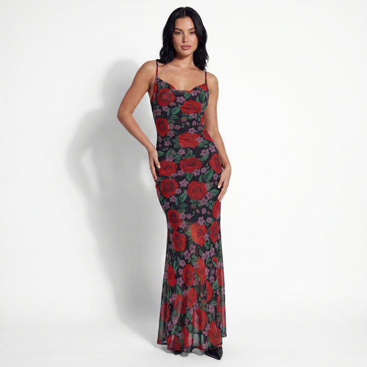 Rosa Women's Rose Print Slip Maxi Dress, Spaghetti Strap Slim Fit