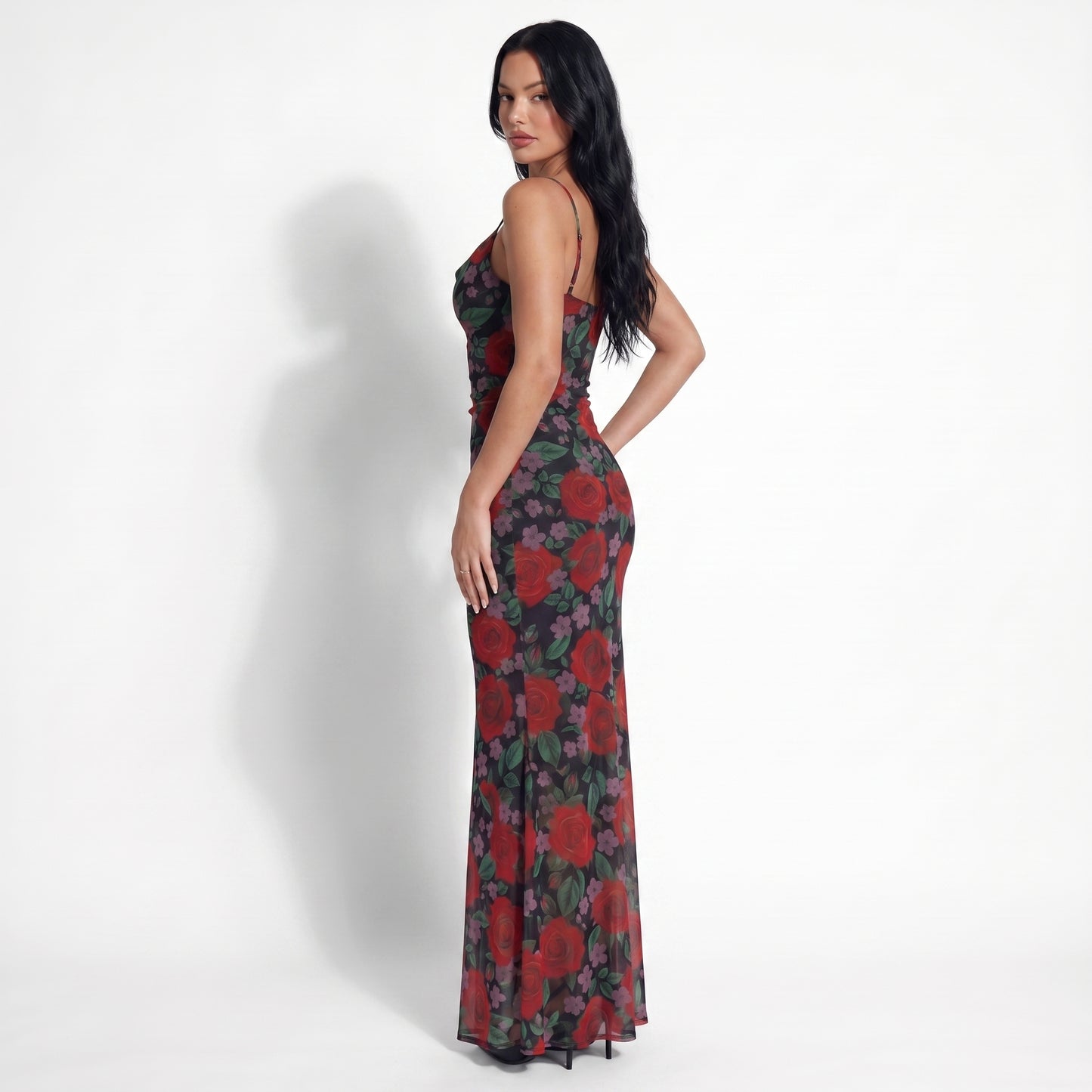 Rosa Women's Rose Print Slip Maxi Dress, Spaghetti Strap Slim Fit