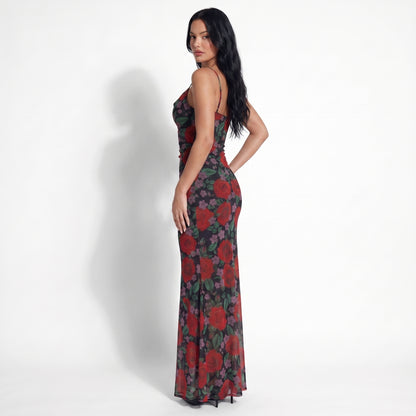 Rosa Women's Rose Print Slip Maxi Dress, Spaghetti Strap Slim Fit