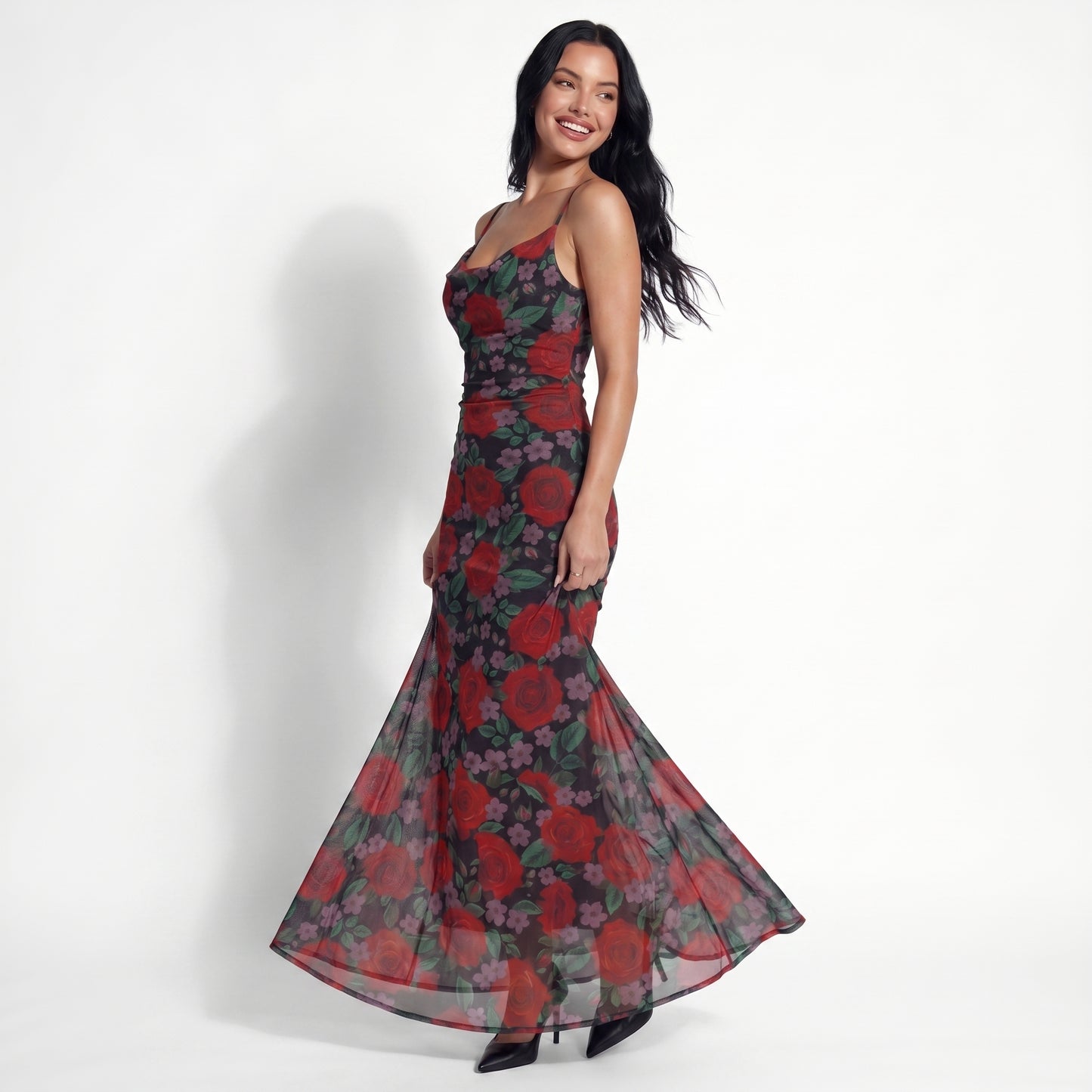 Rosa Women's Rose Print Slip Maxi Dress, Spaghetti Strap Slim Fit