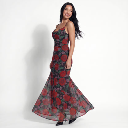 Rosa Women's Rose Print Slip Maxi Dress, Spaghetti Strap Slim Fit