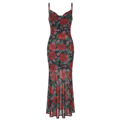 Rosa Women's Rose Print Slip Maxi Dress, Spaghetti Strap Slim Fit