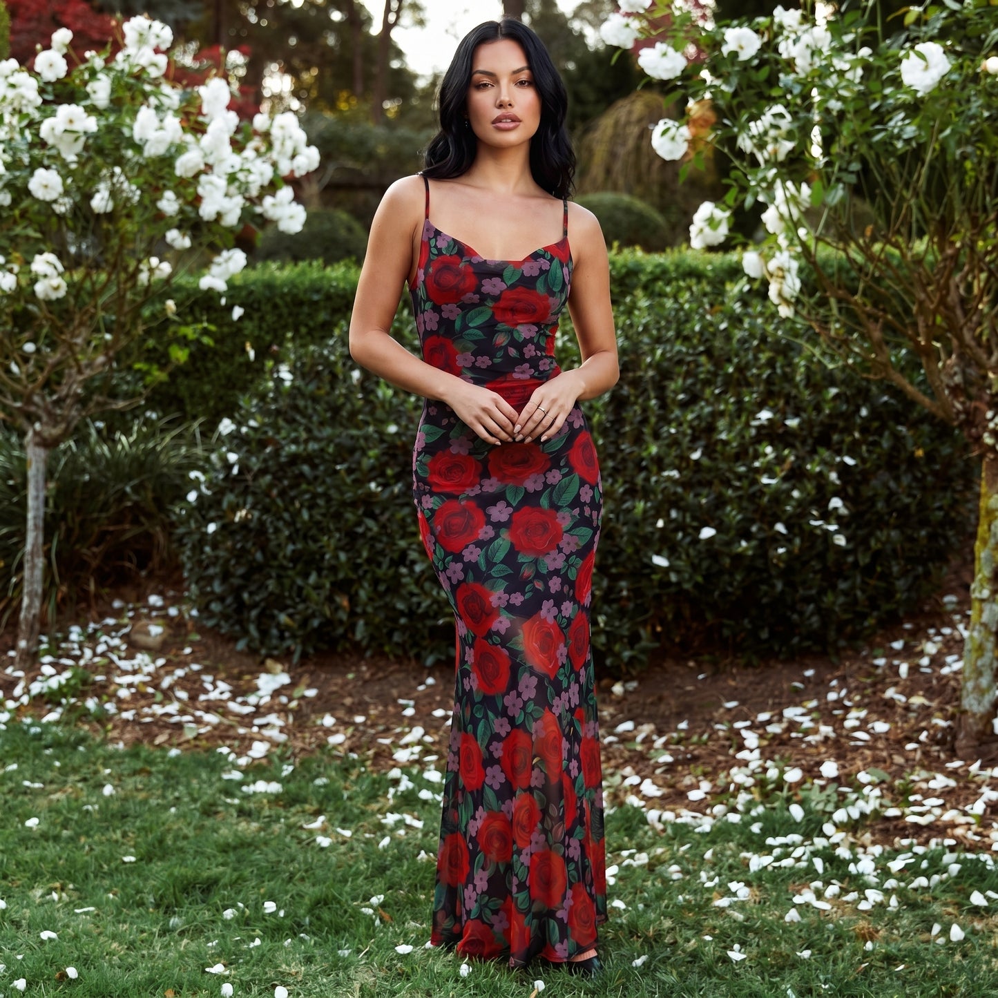 Rosa Women's Rose Print Slip Maxi Dress, Spaghetti Strap Slim Fit