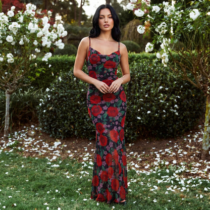 Rosa Women's Rose Print Slip Maxi Dress, Spaghetti Strap Slim Fit