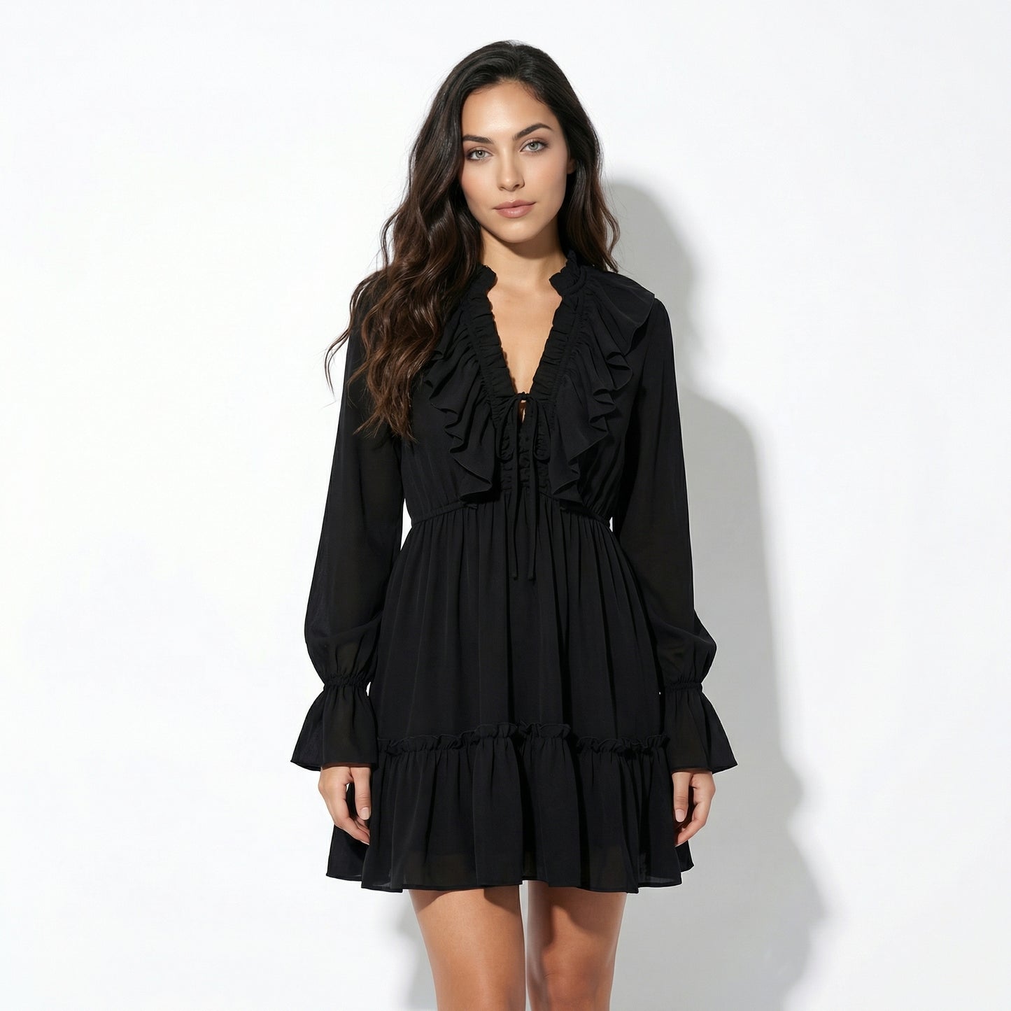 Rosie Women's Ruffle Bell Sleeve Mini Dress, V-Neck Elastic Waist Tiered