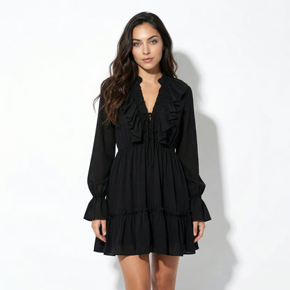 Rosie Women's Ruffle Bell Sleeve Mini Dress, V-Neck Elastic Waist Tiered