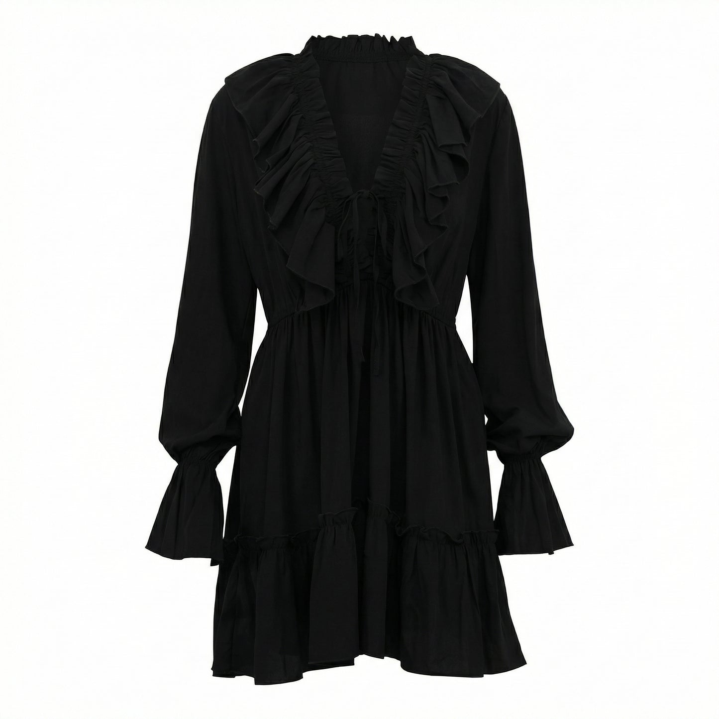 Rosie Women's Ruffle Bell Sleeve Mini Dress, V-Neck Elastic Waist Tiered