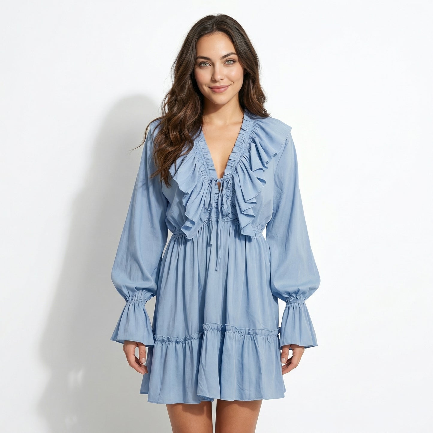 Rosie Women's Ruffle Bell Sleeve Mini Dress, V-Neck Elastic Waist Tiered