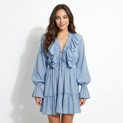 Rosie Women's Ruffle Bell Sleeve Mini Dress, V-Neck Elastic Waist Tiered