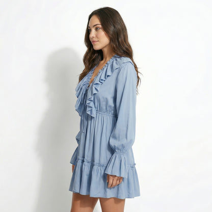 Rosie Women's Ruffle Bell Sleeve Mini Dress, V-Neck Elastic Waist Tiered