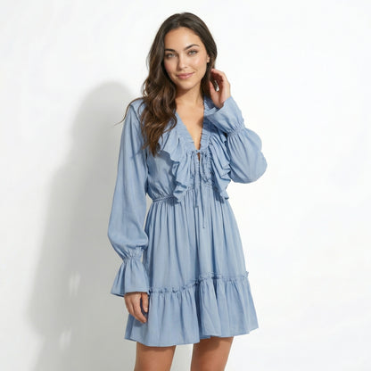 Rosie Women's Ruffle Bell Sleeve Mini Dress, V-Neck Elastic Waist Tiered