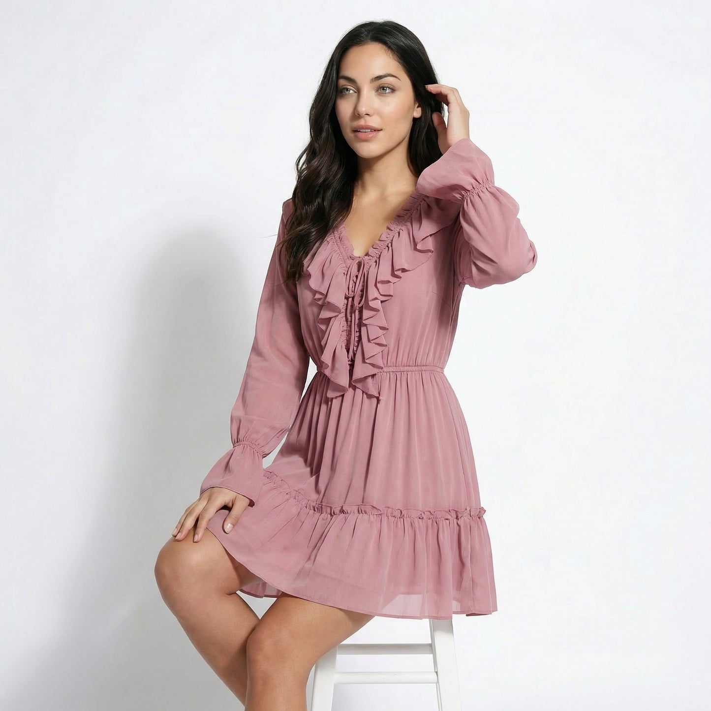 Rosie Women's Ruffle Bell Sleeve Mini Dress, V-Neck Elastic Waist Tiered
