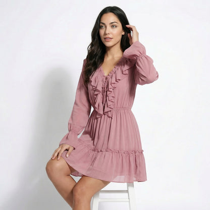 Rosie Women's Ruffle Bell Sleeve Mini Dress, V-Neck Elastic Waist Tiered