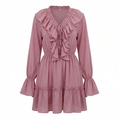 Rosie Women's Ruffle Bell Sleeve Mini Dress, V-Neck Elastic Waist Tiered