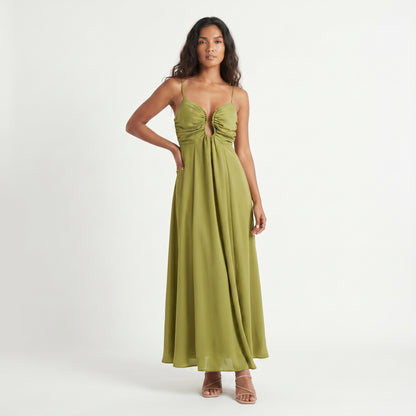 Sage Women's Maxi Dress Cutout Waist Ruched, Spaghetti Strap