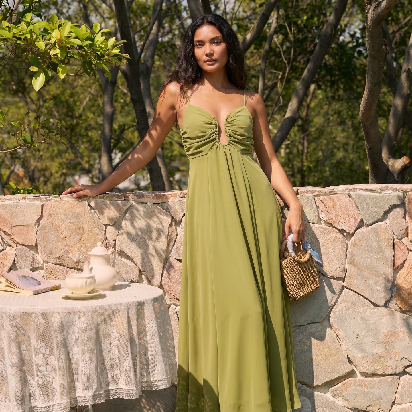 Sage Women's Maxi Dress Cutout Waist Ruched, Spaghetti Strap
