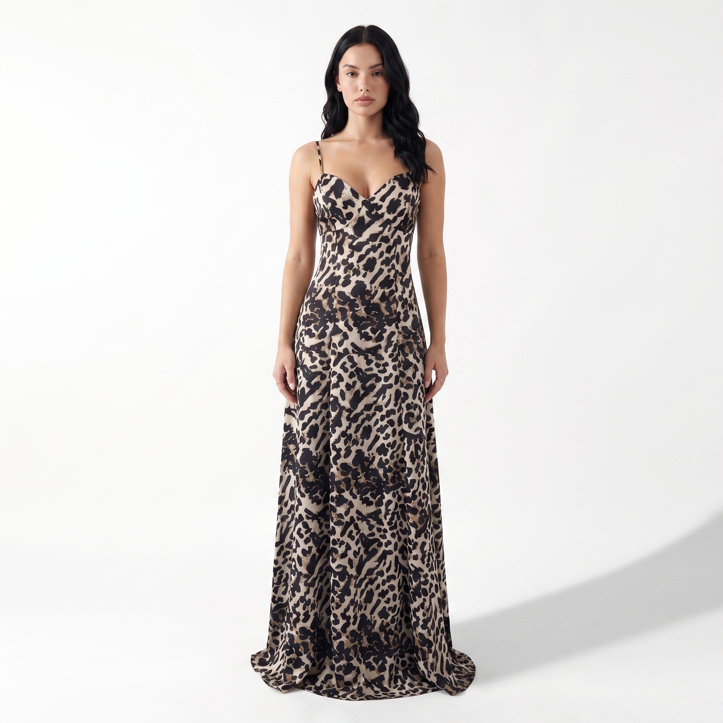 Savana Women's Leopard Print Slip Maxi Dress, Spaghetti Strap V-Neck