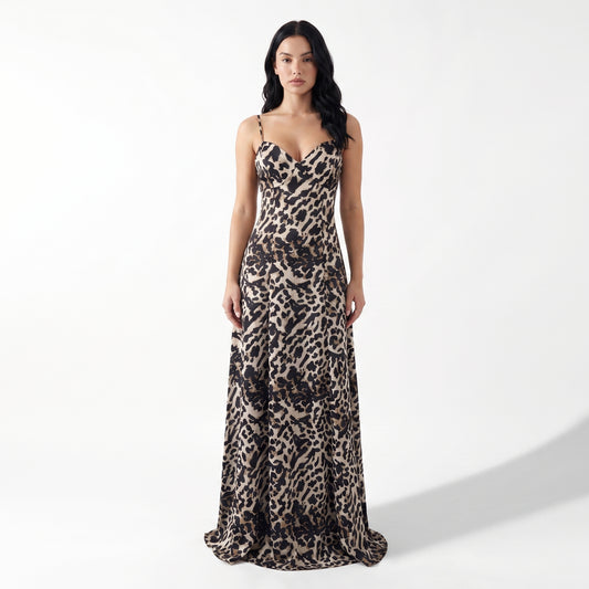 Savana Women's Leopard Print Slip Maxi Dress, Spaghetti Strap V-Neck