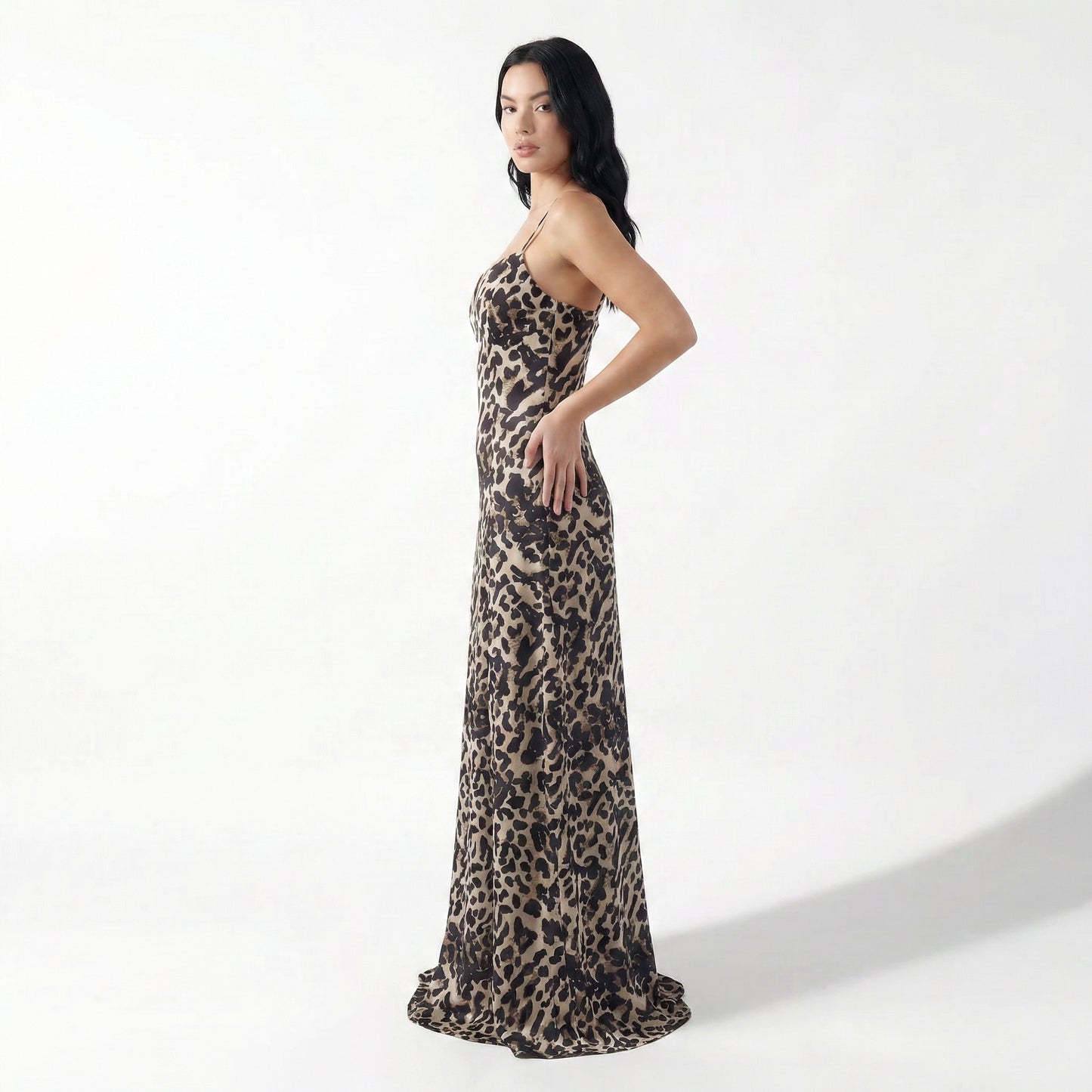 Savana Women's Leopard Print Slip Maxi Dress, Spaghetti Strap V-Neck