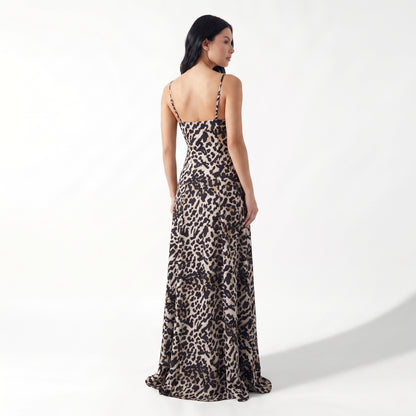 Savana Women's Leopard Print Slip Maxi Dress, Spaghetti Strap V-Neck