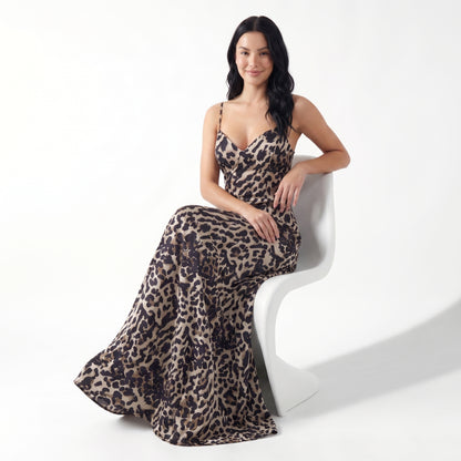 Savana Women's Leopard Print Slip Maxi Dress, Spaghetti Strap V-Neck