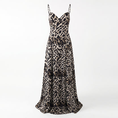 Savana Women's Leopard Print Slip Maxi Dress, Spaghetti Strap V-Neck