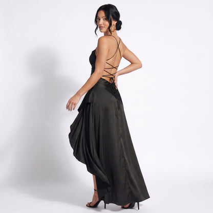 Scarlett Women's Lace Up Back Ruffle Maxi Dress, Cowl Neck High Low