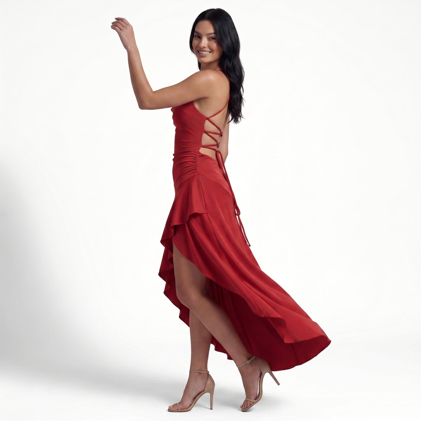 Scarlett Women's Lace Up Back Ruffle Maxi Dress, Cowl Neck High Low