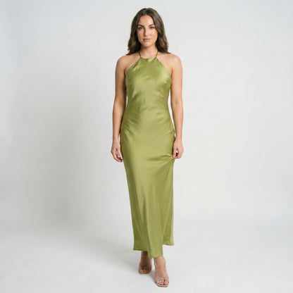 Seren Women's Maxi Dress Satin Halter Backless, Slip A-Line