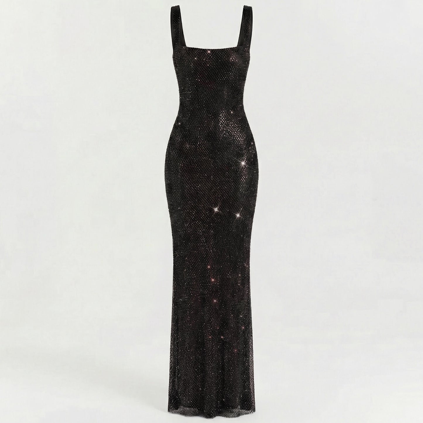 Serena | Women’s Rhinestone Stretch-Mesh Maxi Dress, Square-Neck