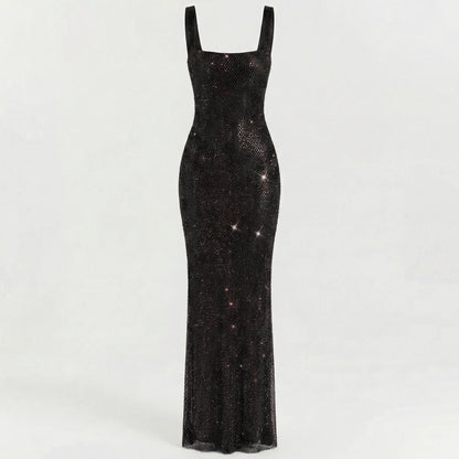Serena | Women’s Rhinestone Stretch-Mesh Maxi Dress, Square-Neck