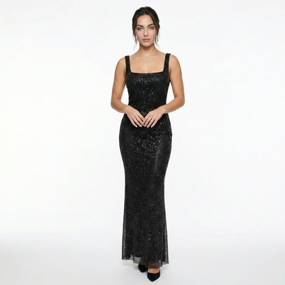 Serena | Women’s Rhinestone Stretch-Mesh Maxi Dress, Square-Neck