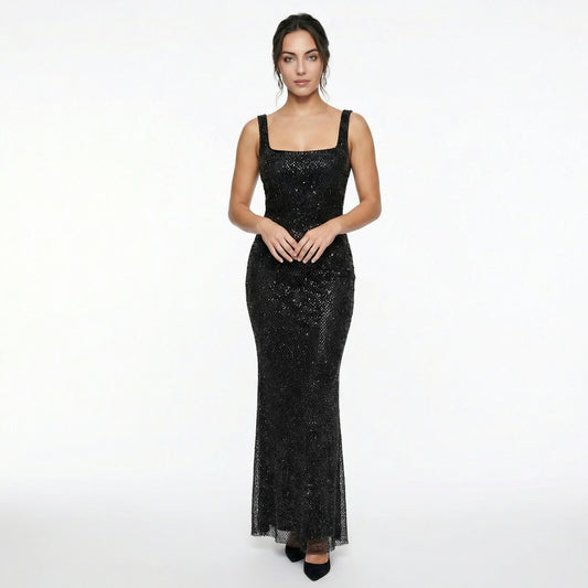 Serena | Women’s Rhinestone Stretch-Mesh Maxi Dress, Square-Neck