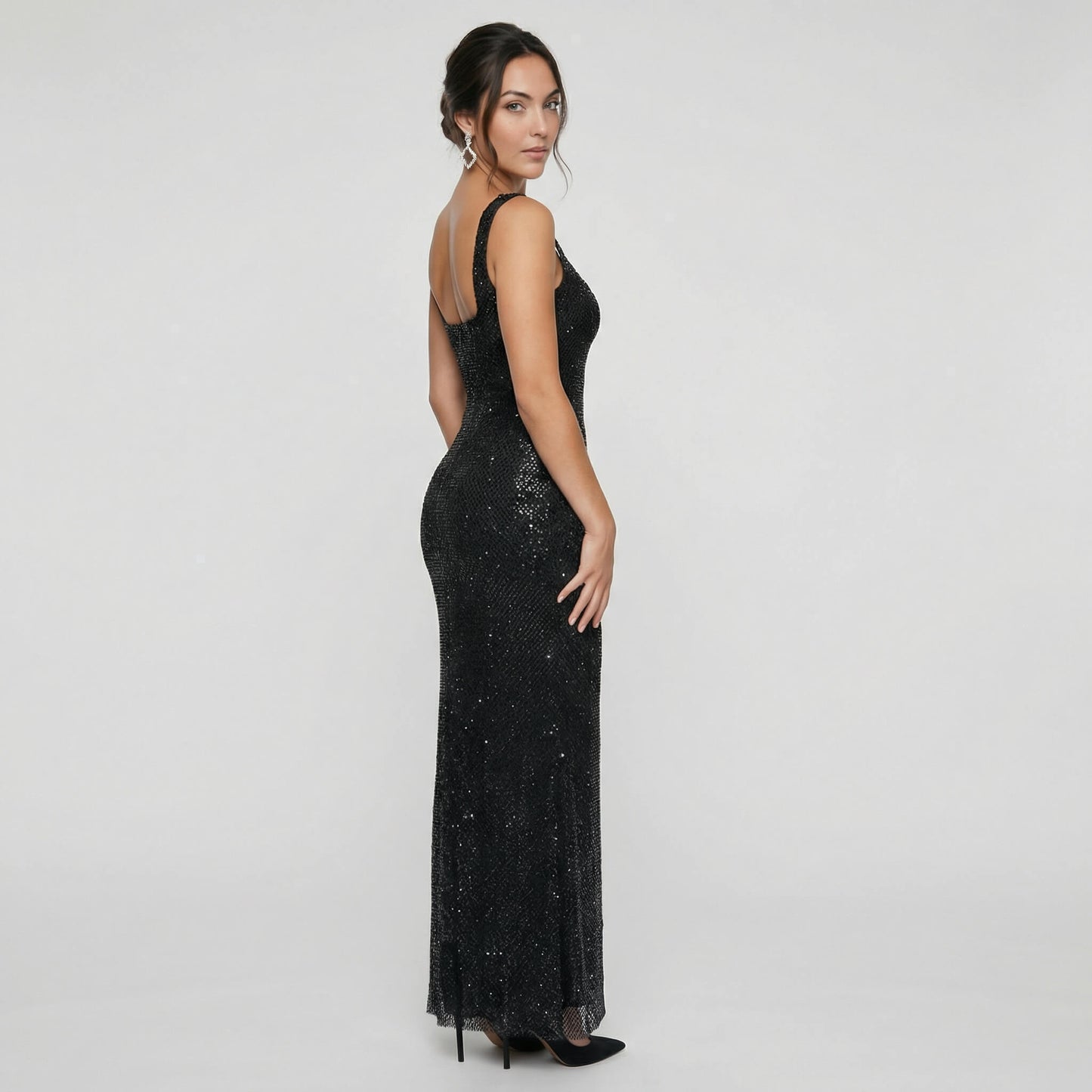 Serena | Women’s Rhinestone Stretch-Mesh Maxi Dress, Square-Neck